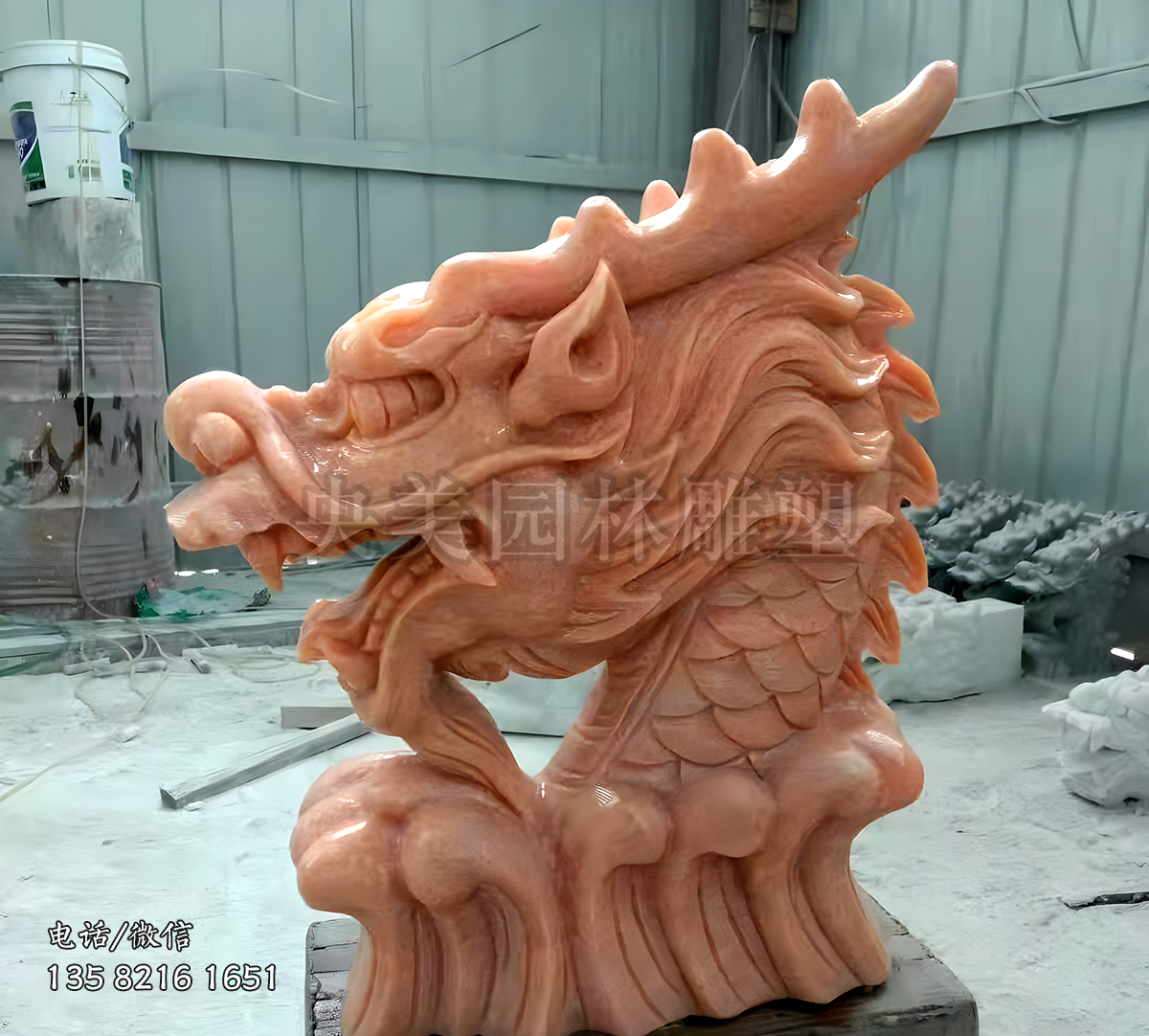 晚霞紅大理石石刻龍頭雕塑擺件
